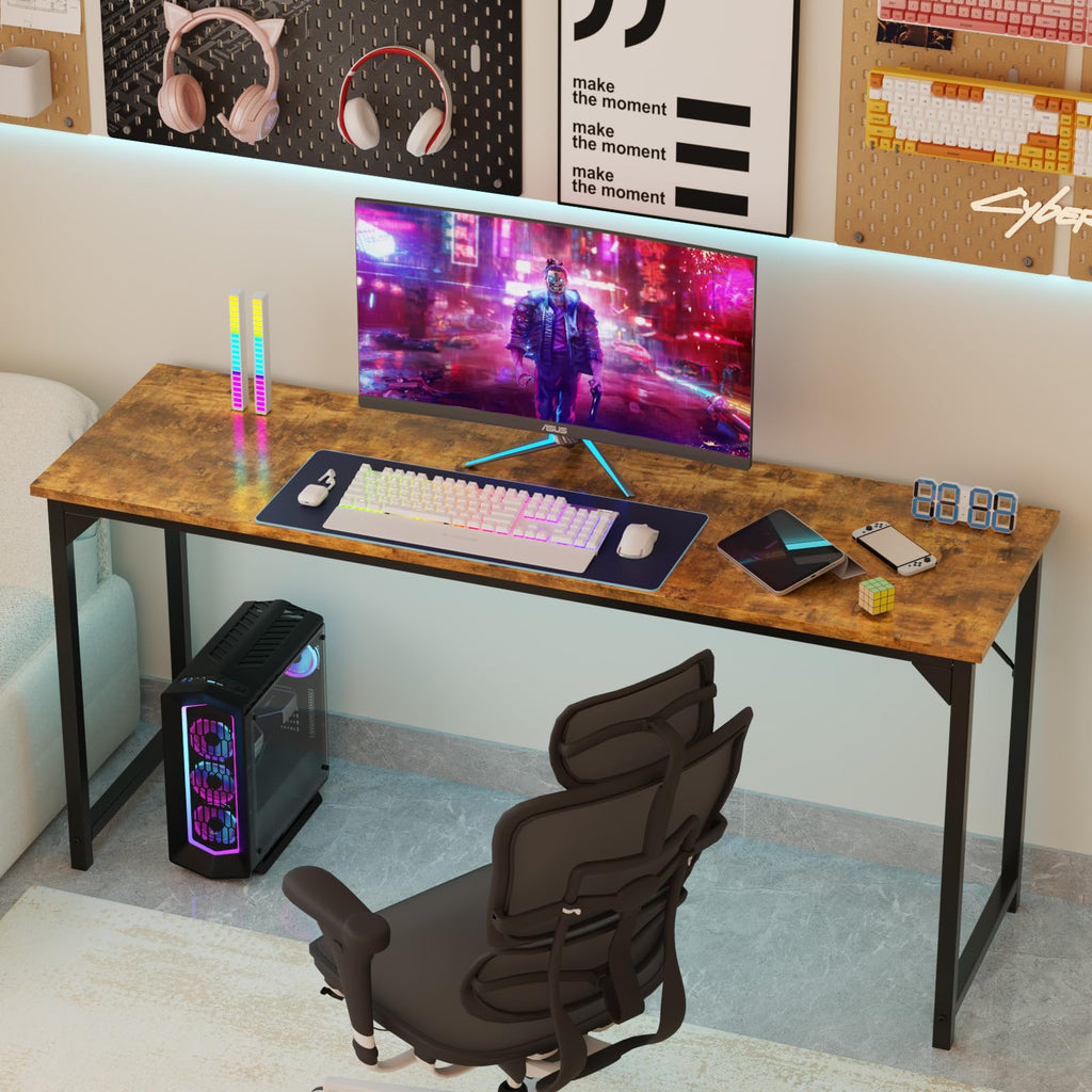 Small Computer Office Desk 63 Inch Student Study Writing Work with Metal Frame Wood Tabletop Modern Simple Home Bedroom PC Table Perfect for Small Spaces - Brown