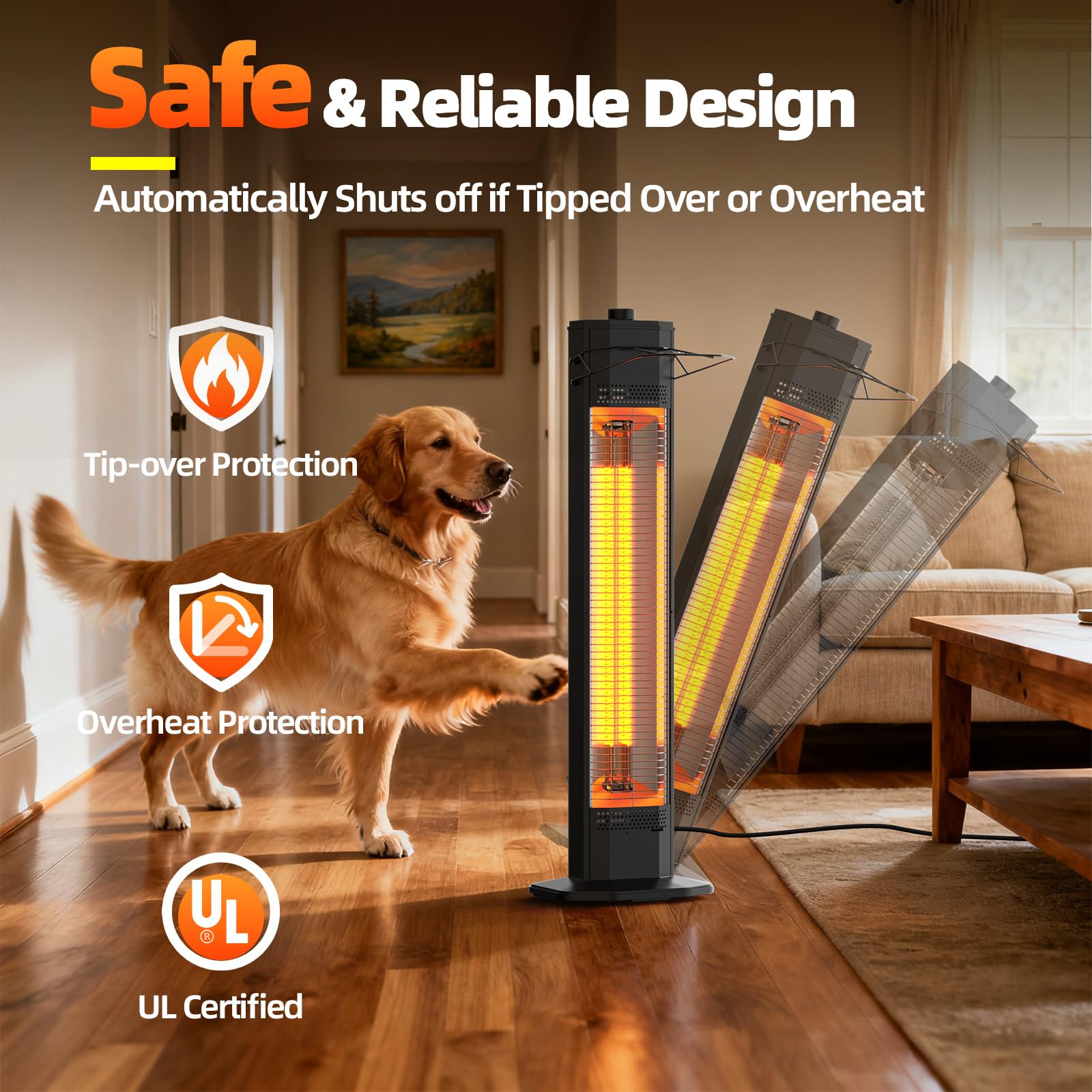 Outdoor Electric Patio Heater, 34- inch Outdoor Electric Patio Heater, 1500W Instant Heating, 3 Heat Levels, Tip-Over & Overheat Protection, IPX5 Waterproof Portable Garage Heater Porch Indoor