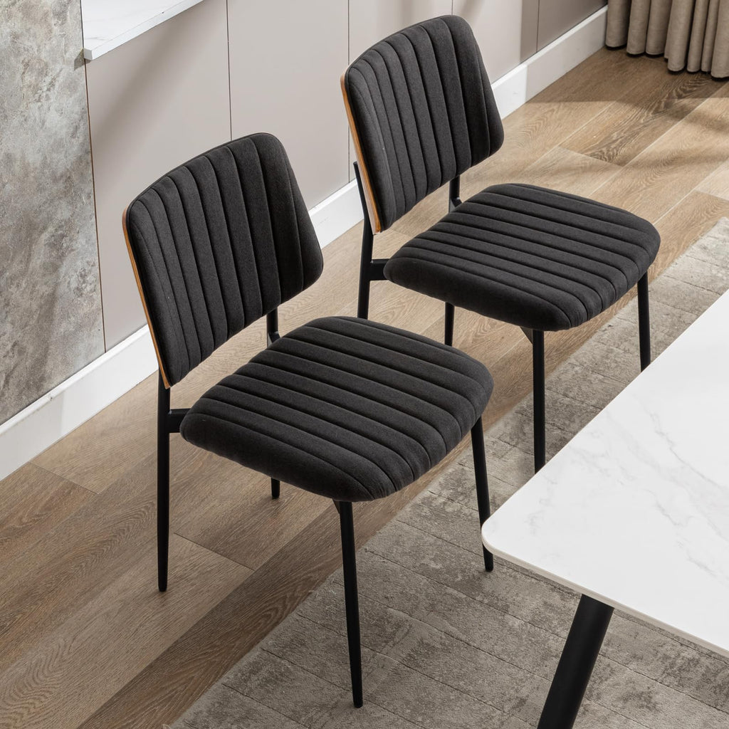 Black Dining Chairs Set of 6,Fabric Mid Century Modern Dining Chairs with Bentwood Back and Upholster Seat,Armless Kitchen Chairs with Metal Legs Adjustable Foot for Dining Room(Walnut Black)