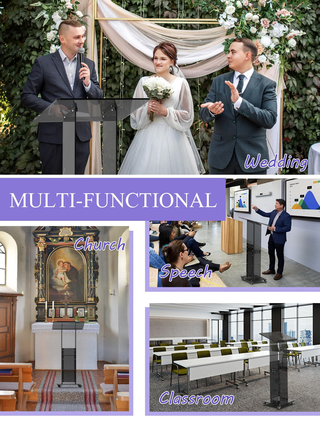 Podium Stand with Lockable Wheels, 47" Black Podium Lectern Floor Standing Speaking Podium Modern Church Pulpit with Storage Shelf for Office Wedding School Speech Concert