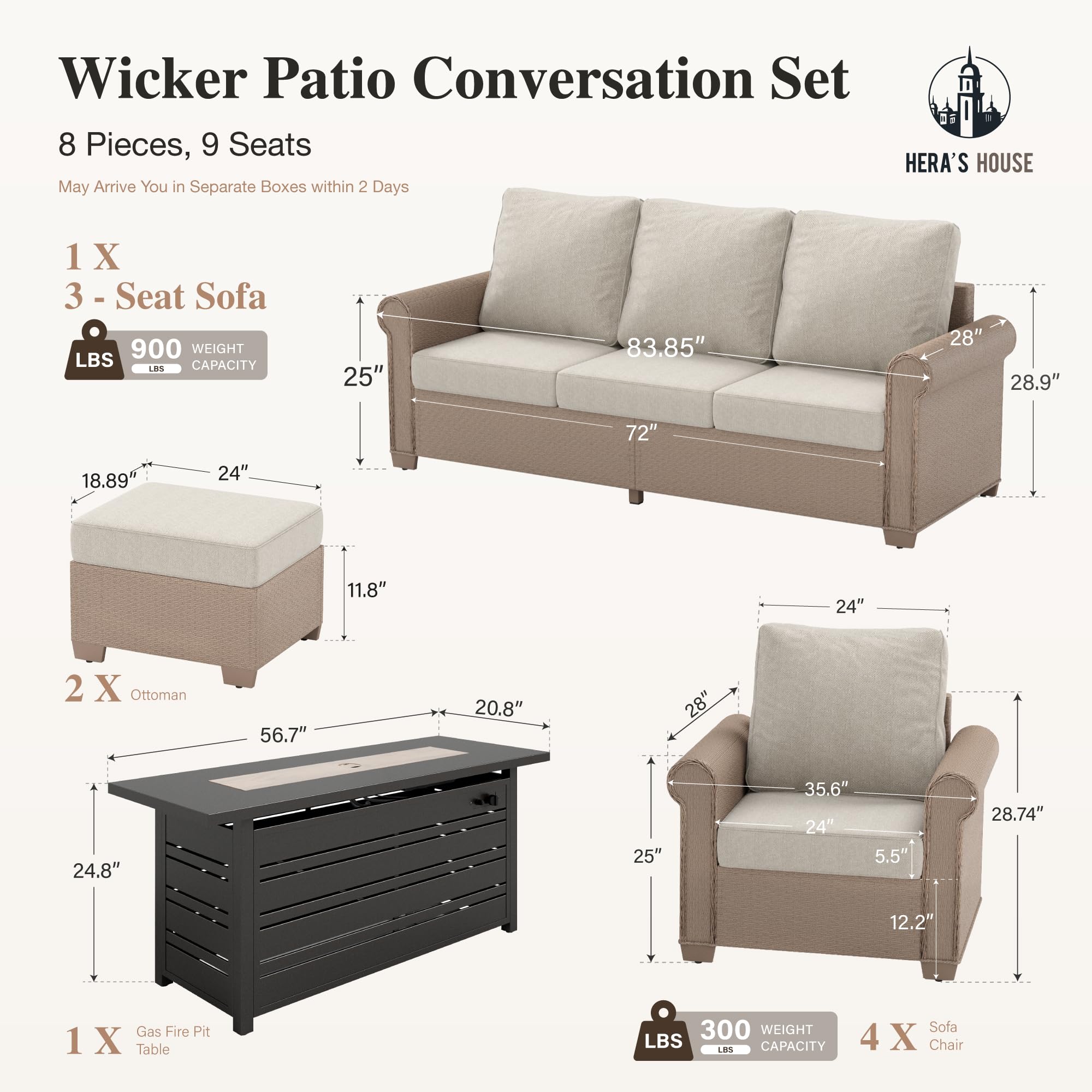 8 Pieces Patio Furniture Set, All Weather 9 Seats Outdoor Wicker Sofa with Ottomans, Rattan Patio Conversation Set with 5.5" Cushions and 57" Fire Pit Table, Beige