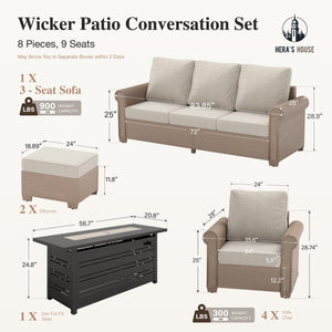 8 Pieces Patio Furniture Set, All Weather 9 Seats Outdoor Wicker Sofa with Ottomans, Rattan Patio Conversation Set with 5.5
