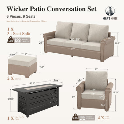 8 Pieces Patio Furniture Set, All Weather 9 Seats Outdoor Wicker Sofa with Ottomans, Rattan Patio Conversation Set with 5.5