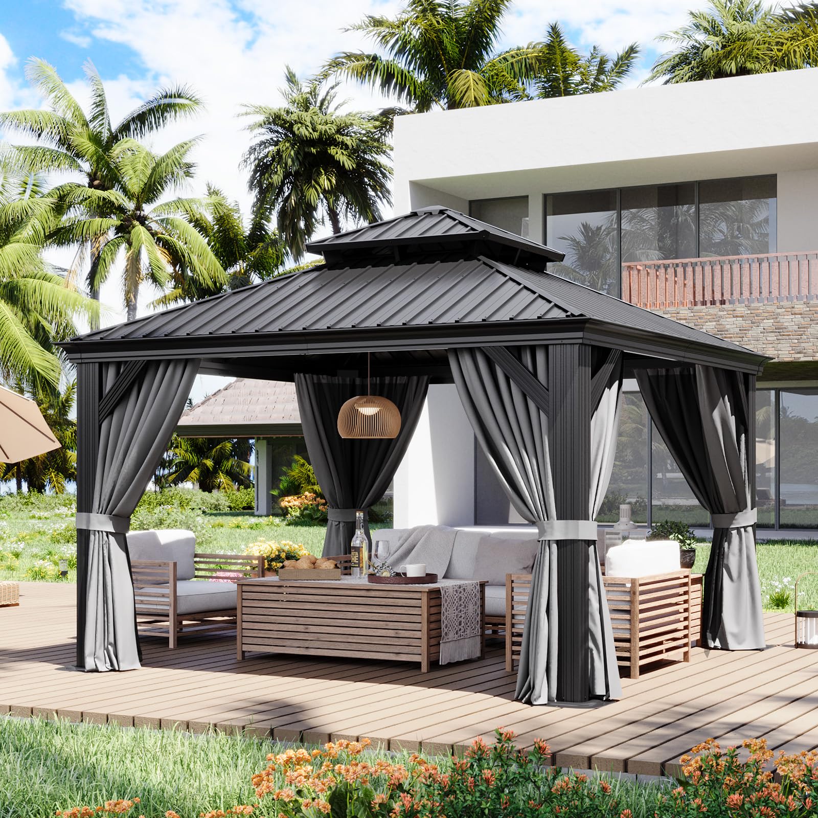12' X 12' Hardtop Gazebo with Drainage System, Aluminum Outdoor Gazebo with Galvanized Steel Double Roof, Patio Permanent Metal Pavilion with Netting, for Garden, Deck, Grey