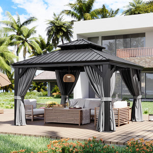 12' X 12' Hardtop Gazebo with Drainage System, Aluminum Outdoor Gazebo with Galvanized Steel Double Roof, Patio Permanent Metal Pavilion with Netting, for Garden, Deck, Grey