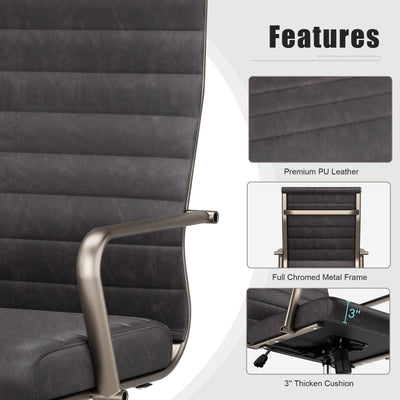 Leather Office Desk Chair, Ergonomic Mid Century Modern Conference Room Chairs, Executive Ribbed Height Adjustable Swivel Rolling Chair for Home Office.