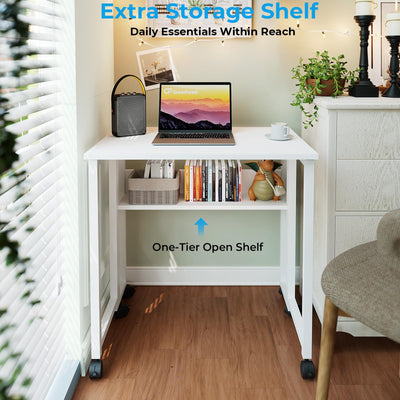Folding Desk with Wheels, 24.8 Inch Compact Rolling Computer Table with Storage Shelf, Portable Mobile Workstation for Small Spaces, Easy Assembly, Pure White