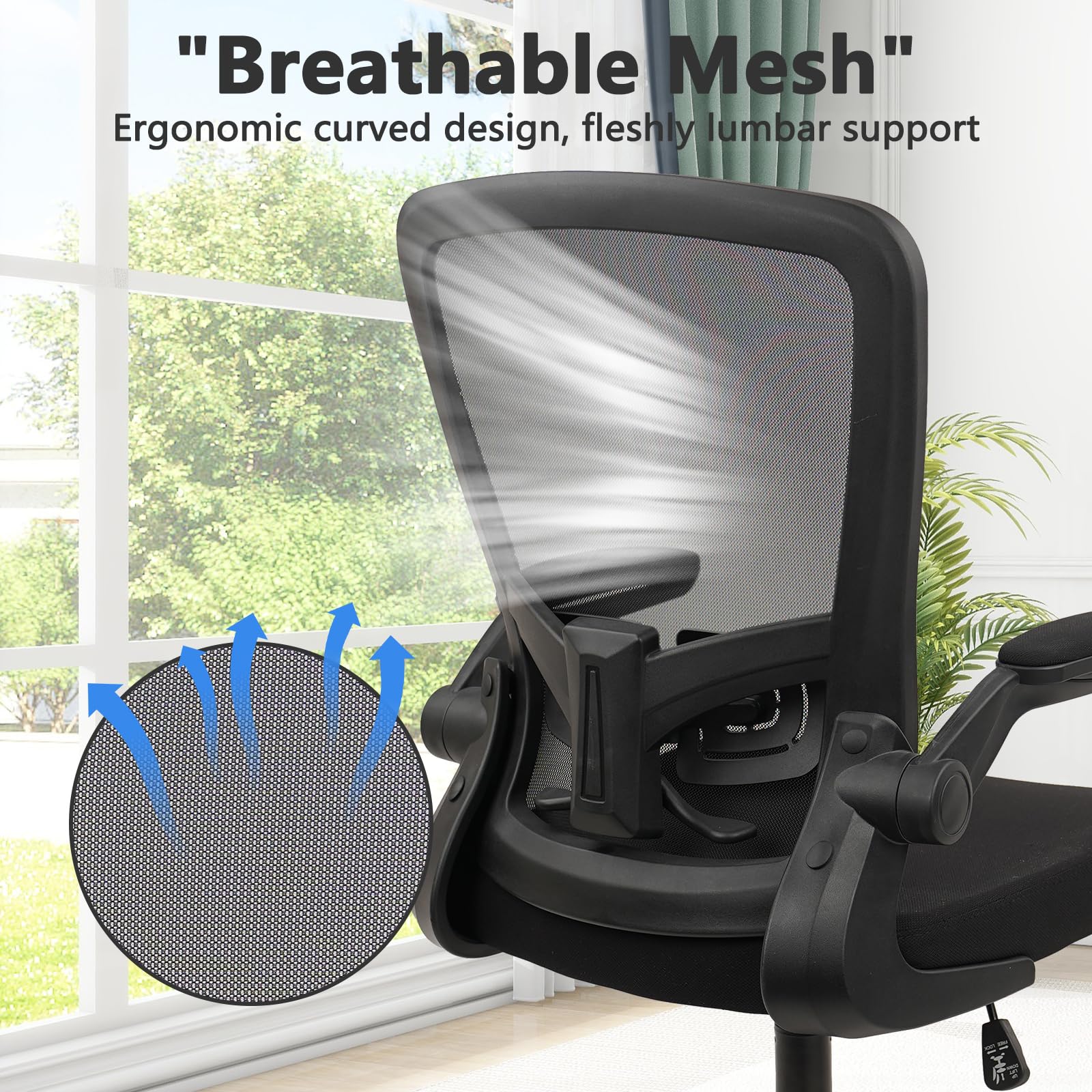 Office Desk Chairs with Wheels, Ergonomic Mesh Chair with Adjustable Height Lumbar Support, Rolling Swivel Computer Task Chair with Flip Up Armrests for Home, Study, Conference, Black (4PK)
