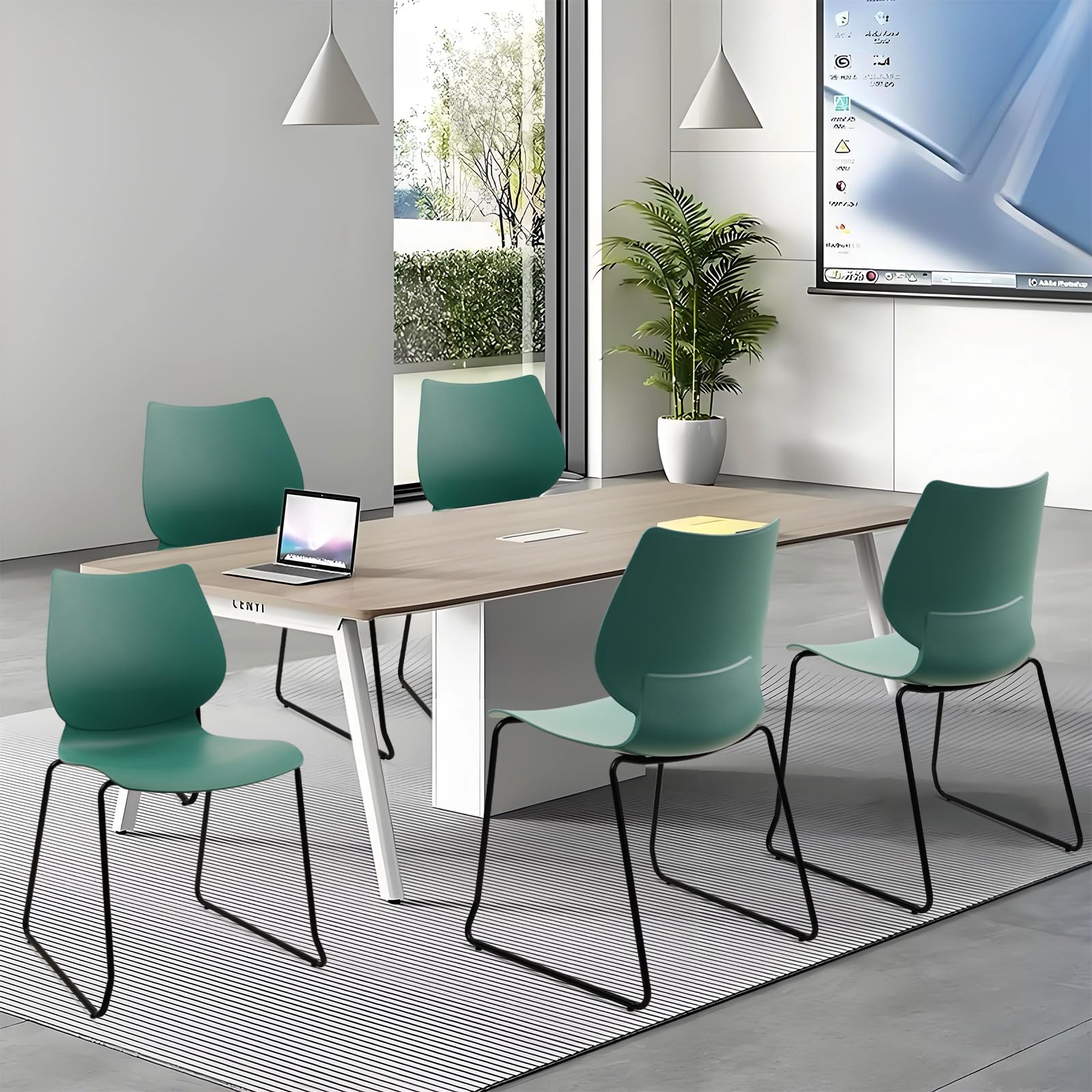 Set of 4, Green, Stackable Waiting Room Chair, Stacking Office Chair with Ergonomic Lumbar Support and Metal Legs, Plastic Desk Chairs for Conference School Church Guest Reception
