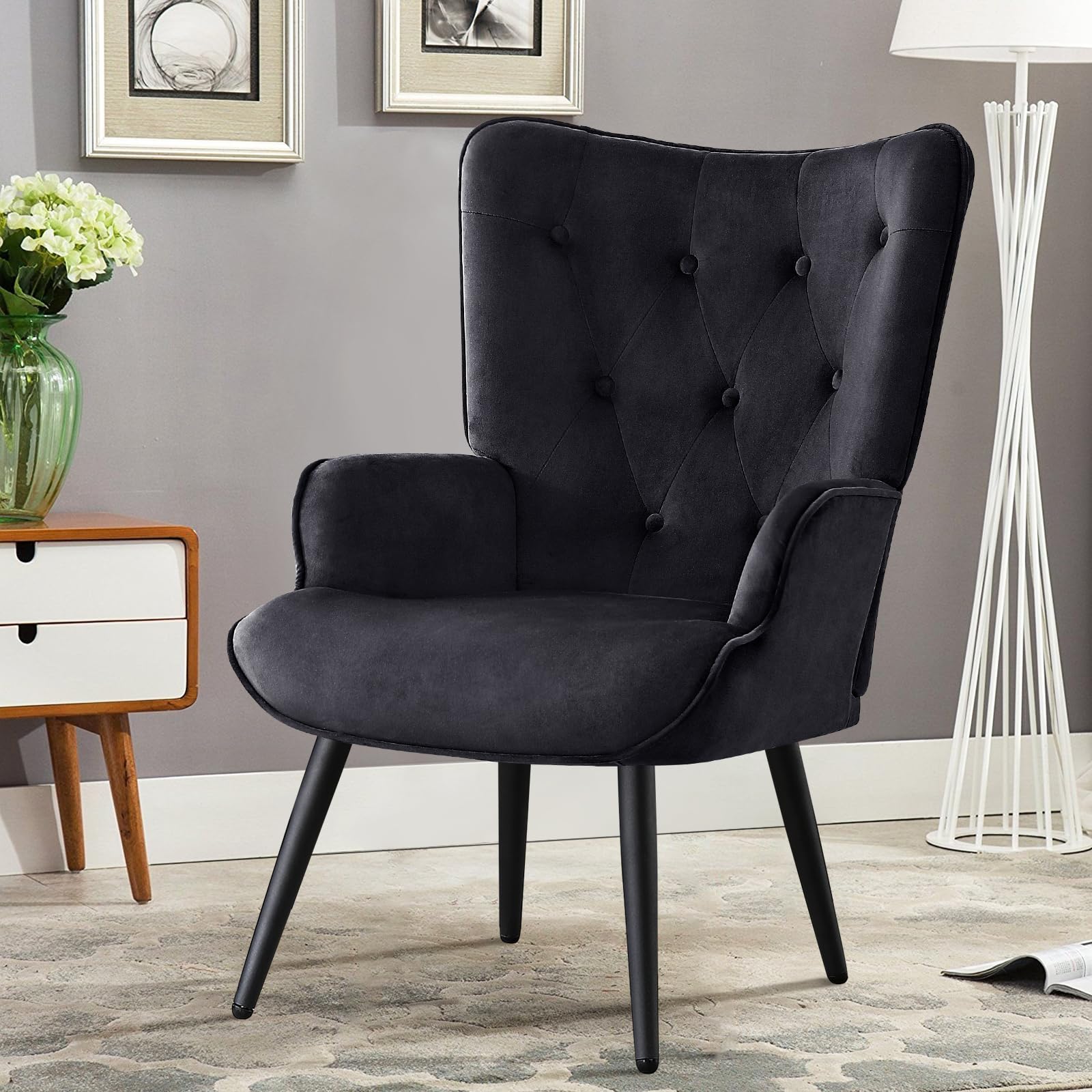 Velvet Accent Chair Modern Upholstered Side Armchair with Tapered Legs Tufted Button Wingback Sofa Chairs Tall Back Reading for Living Room Bedroom Waiting Room, Black