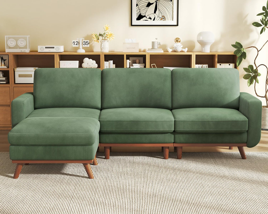 97" L-Shape Modular Sofa, 3-Seat Corduroy Couch with Movable Ottoman, Sectional Sofa for Living Room, Green