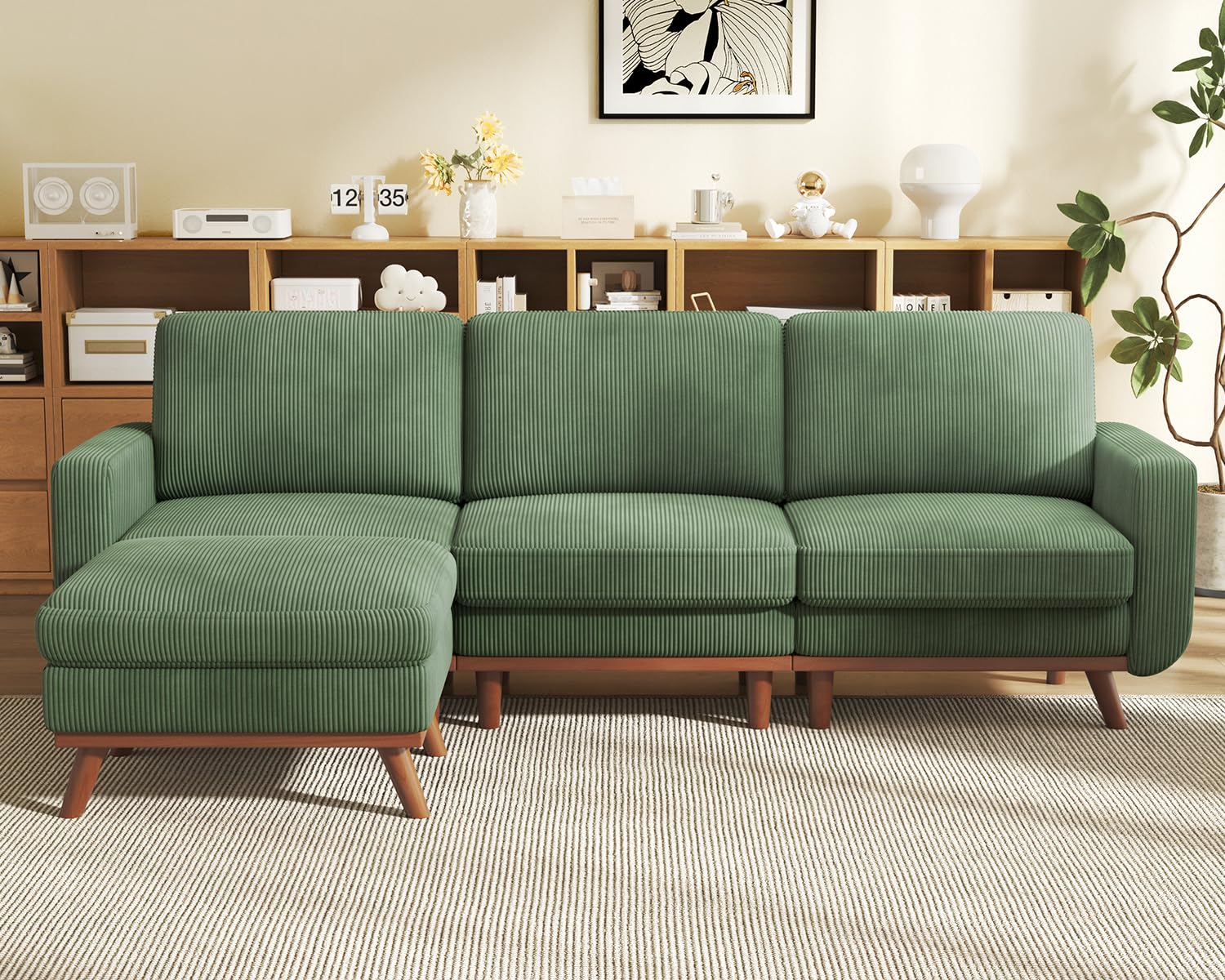 97" L-Shape Modular Sofa, 3-Seat Corduroy Couch with Movable Ottoman, Sectional Sofa for Living Room, Green