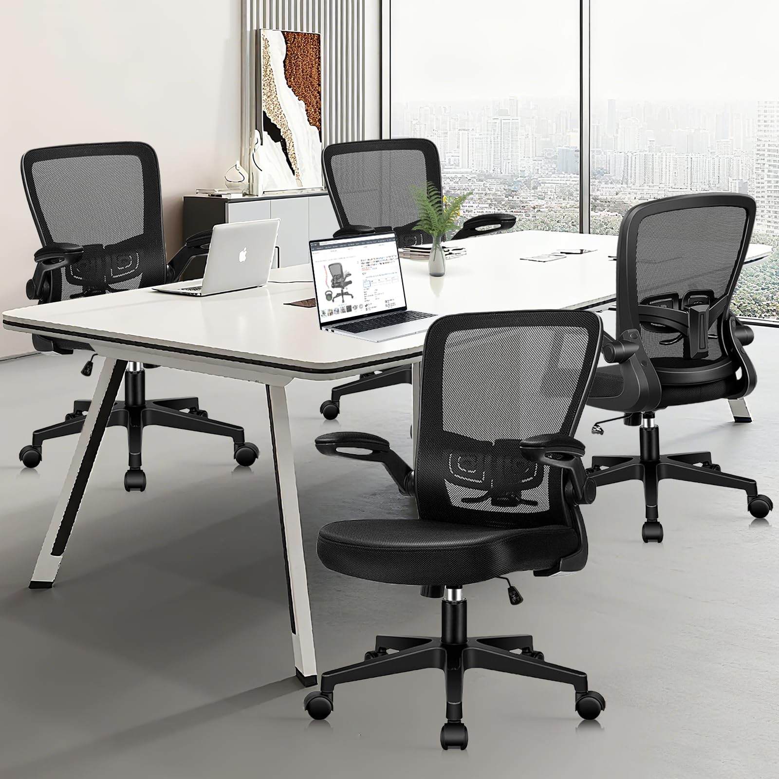 Desk Chairs with Wheels, Ergonomic Mesh Office Chair Adjustable Height and Swivel Lumbar Support Home Office Chair with Flip Up Armrests, Set of 6