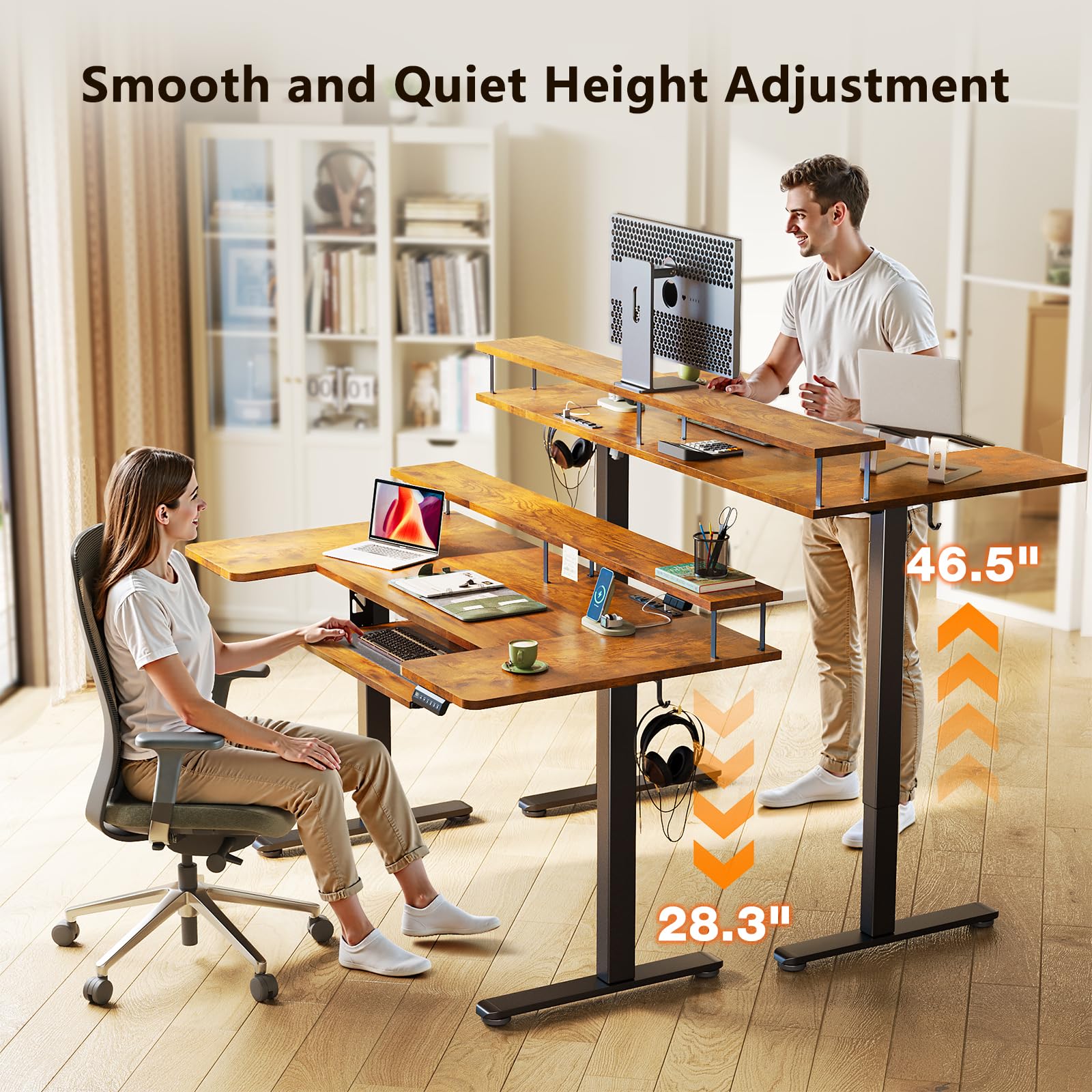 U Shaped Electric Standing Desk with Keyboard Tray, 55 Inch Height Adjustable Desk with Power Outlets & LED Lights, Sit Stand Table with Monitor Stand for Home, Office, Rustic Brown