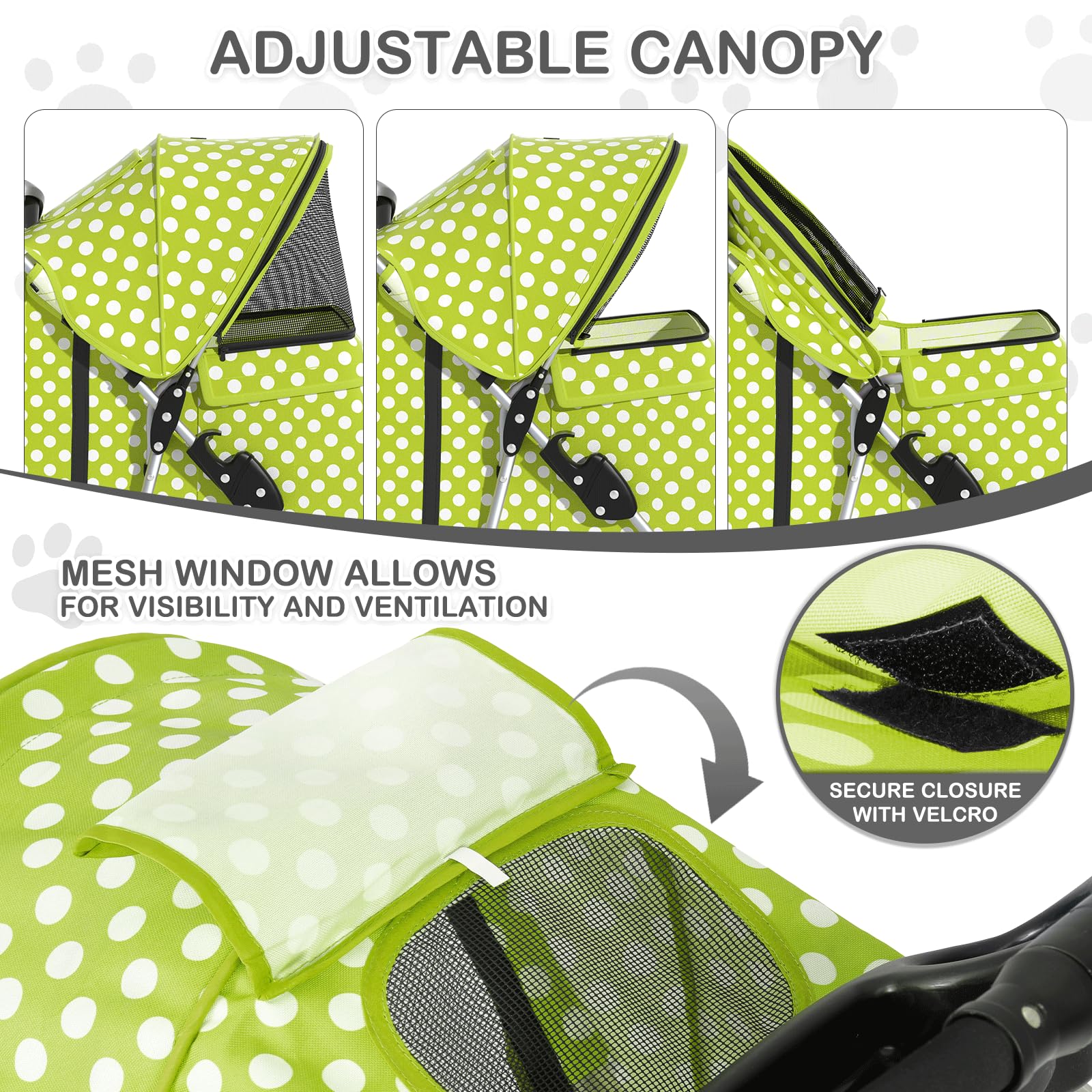3 Wheels Pet Dog Cat Stroller for Small Medium Dogs Cats, Foldable Jogger Stroller w/Storage Basket and Cup Holder, Lawn Green Polka Dots