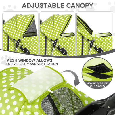3 Wheels Pet Dog Cat Stroller for Small Medium Dogs Cats, Foldable Jogger Stroller w/Storage Basket and Cup Holder, Lawn Green Polka Dots