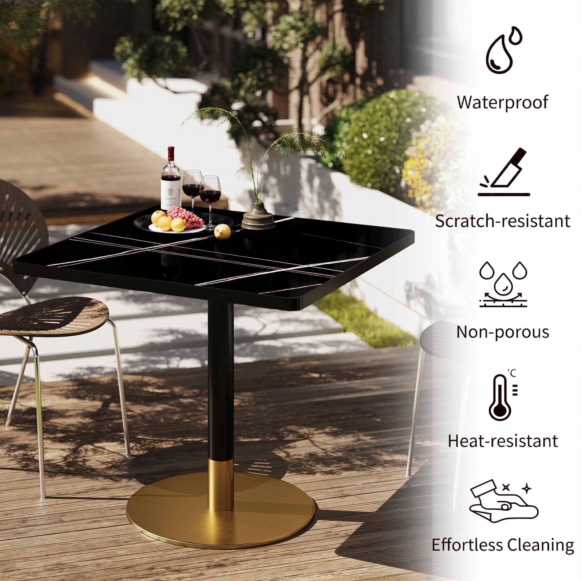 31.5" Tulip Table,Square Kitchen Dining Table for 2-4 with Thick Sintered Stone Top,Titanium Golden Pedestal Base,Heat-Resistant,Bistro Table for Dining Room,Café,Small Space（Gilded Chord）