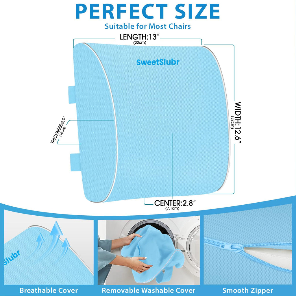 Lumbar Support Pillow for Office Chair, Car & Gaming Chair, Ergonomic Memory Foam Cushion for Back Comfort, Zoned Back Support, Double Adjustable Straps,Breathable Washable Cover,Light Blue