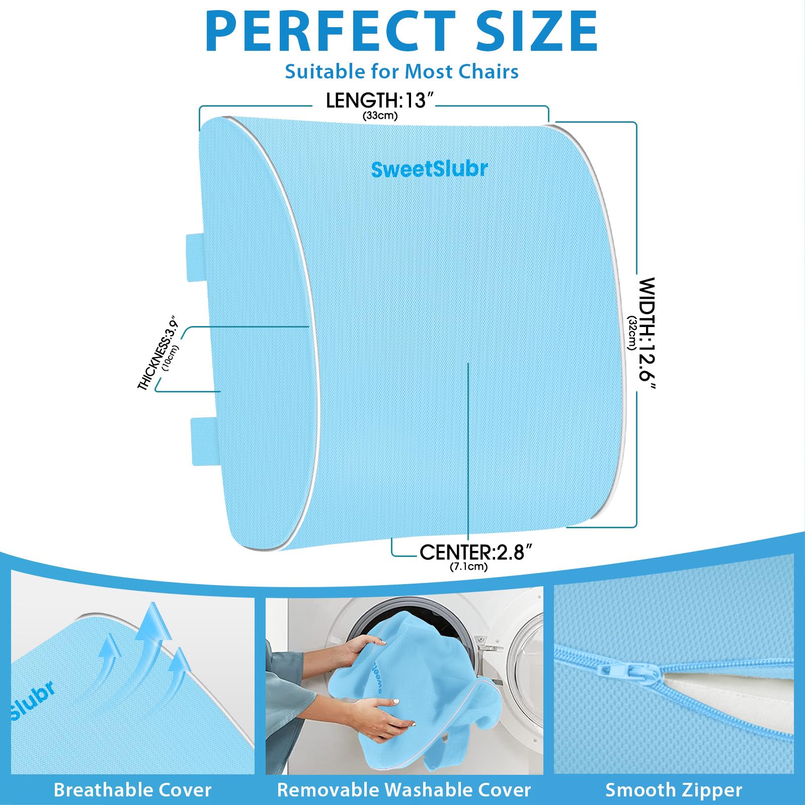 Lumbar Support Pillow for Office Chair, Car & Gaming Chair, Ergonomic Memory Foam Cushion for Back Comfort, Zoned Back Support, Double Adjustable Straps,Breathable Washable Cover,Light Blue