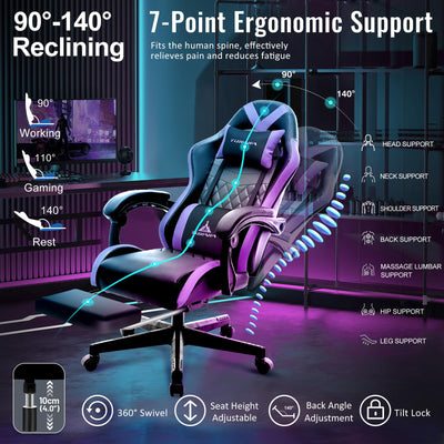 Gaming Chair,Ergonomic Massage Computer Office Desk Chair with Footrest,Pocket Spring Cushion,Reclining Leather Adjustable Gamer Chair with Headrest and Lumbar Support,Purple