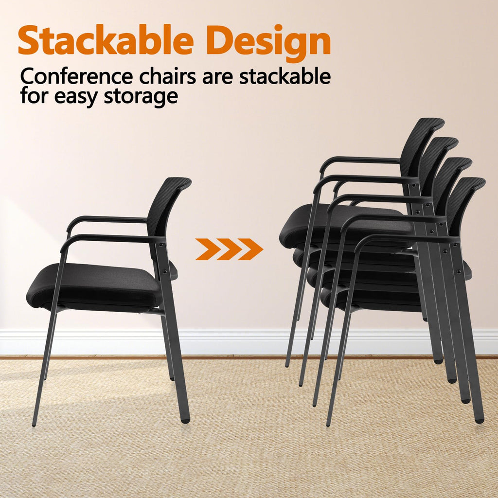 Black 2 Pack Set, Mesh Back Stacking Arm Chairs with Upholstered Fabric Seat and Ergonomic Lumbar Support for Office School Church Guest Reception