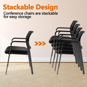 Black 2 Pack Set, Mesh Back Stacking Arm Chairs with Upholstered Fabric Seat and Ergonomic Lumbar Support for Office School Church Guest Reception
