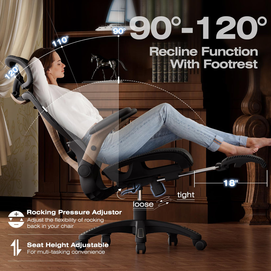 Ergonomic Office Chair with Footrest, Big and Tall Home Desk Chair with 5D Flip-Up Arms, Adjustable 3D Lumbar Support,High Back Rolling Computer Chair, Swivel Mesh Chairs (Library Oak)