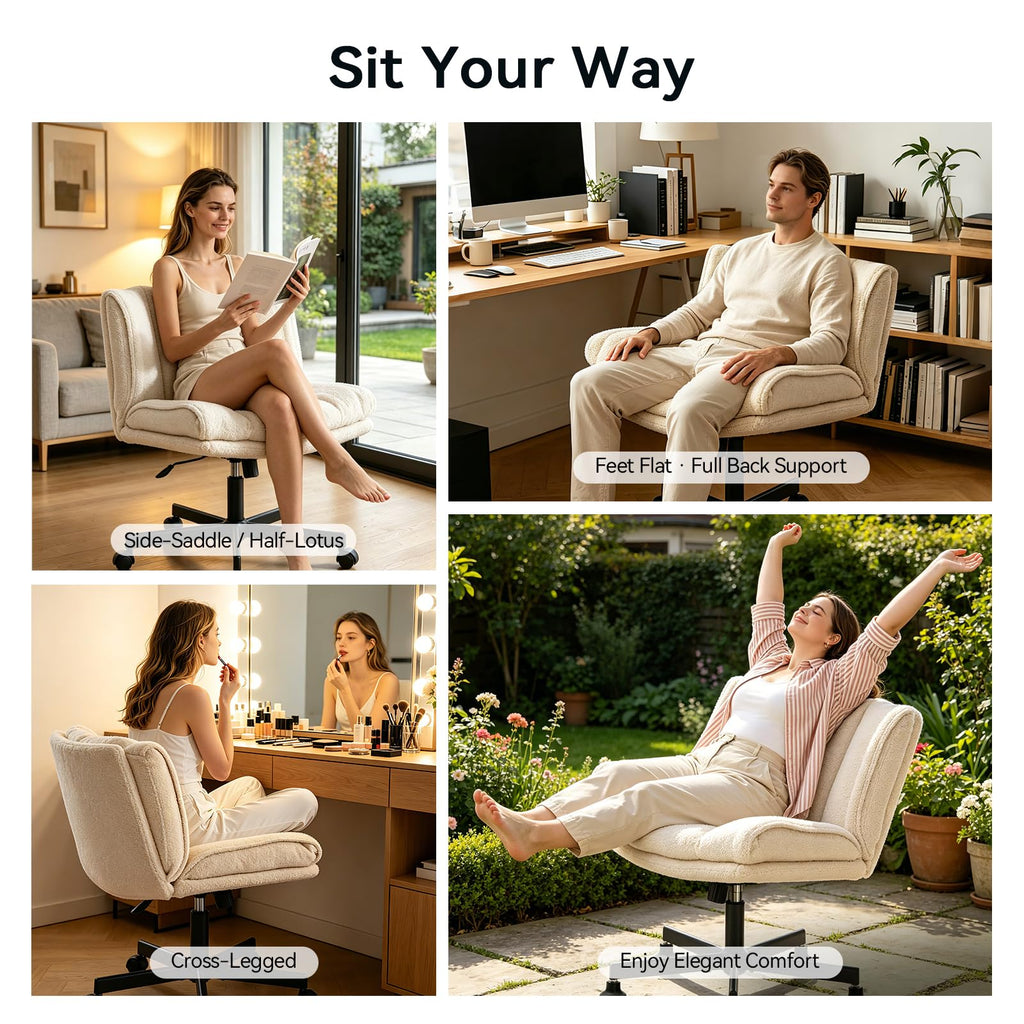 Wide Criss Cross Vanity Chair of 2 Set, 23.6" Large Seat Armless Dressing Table Chair with Fixed Feet, Furry Makeup Stool, Swivel Chair Extra Seating for Living Room & Home Gathering - Cream