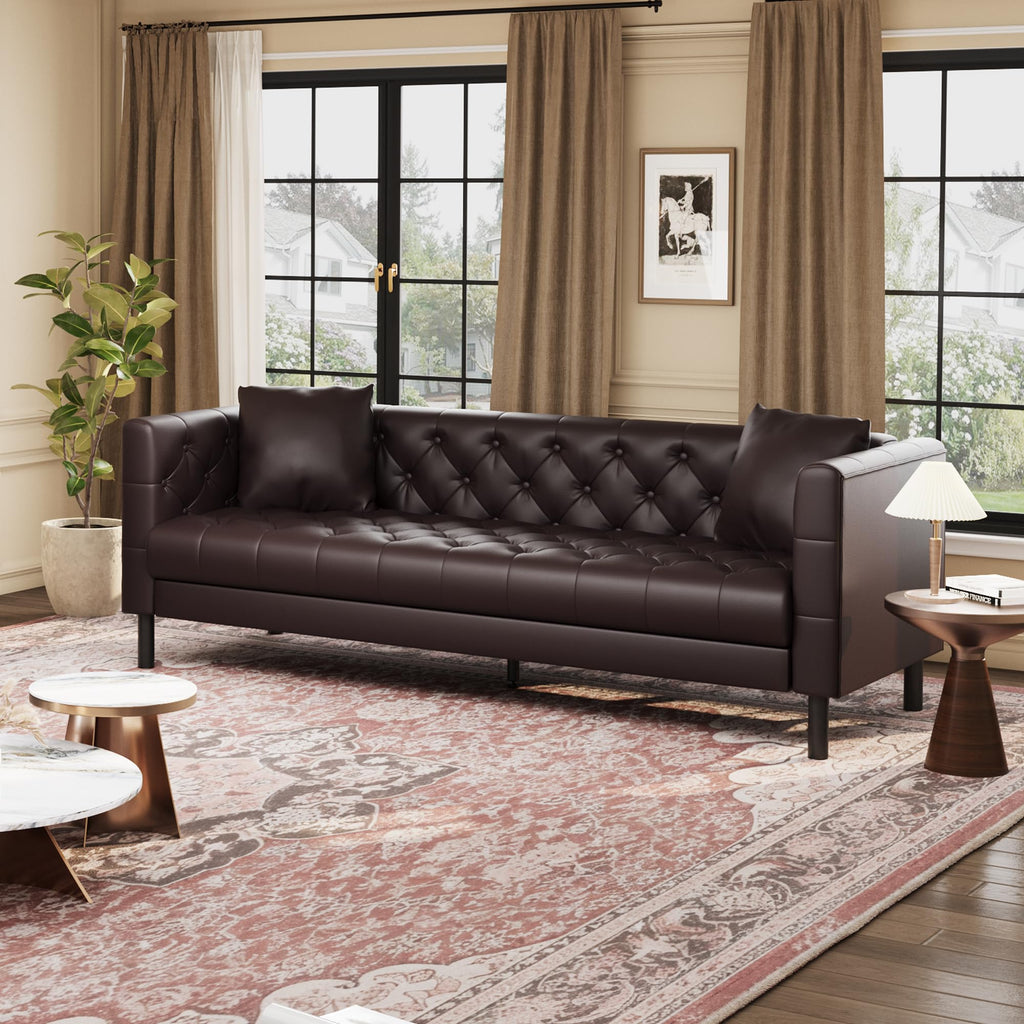 81 in Leather Couch for Living Room, Modern Sofa Couch with Deep Seat and 2 Pillows, Handmade Button Tufted 3 Seater Sofa, Leather Sofa for Apartment, Office, Dark Brown