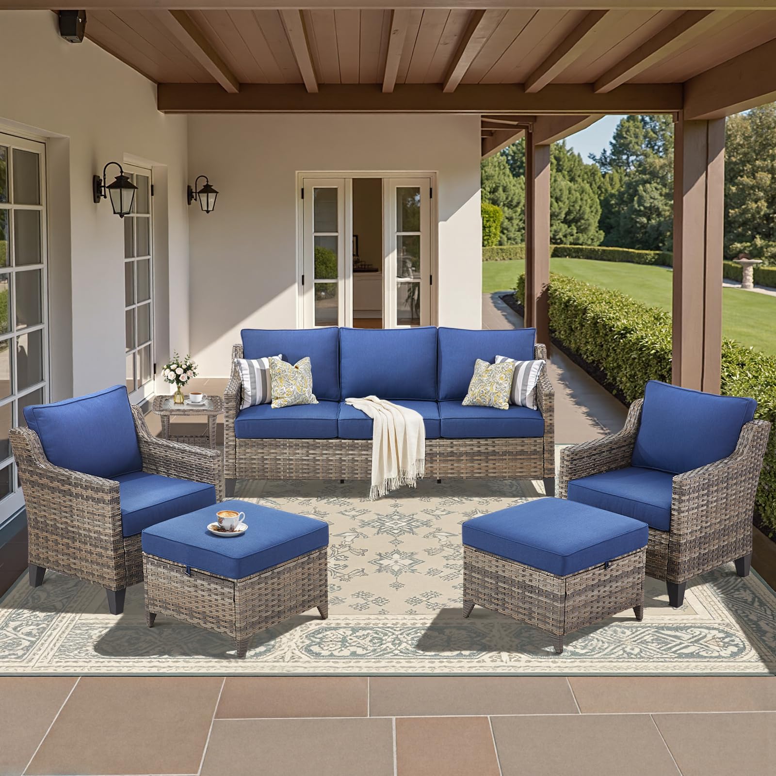 Buenhomino Outdoor Patio Furniture Set-PE Wicker Sofa Couch with Ottomans Comfy Cushions, All Weather High Back Patio Conversation Set for Porch Deck Balcony Garden Grey/Blue