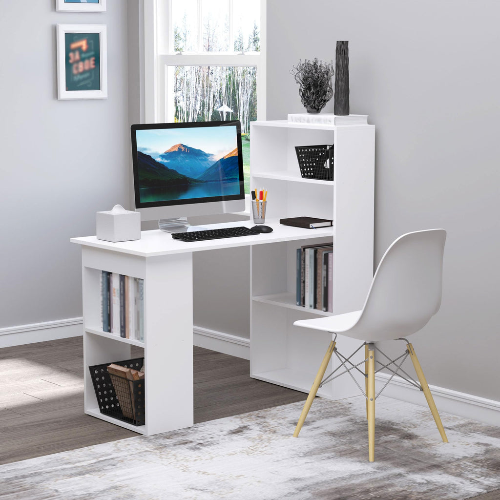 Modern Home Office Desk with 6-Tier Storage Shelves, 47" Writing Desk with Bookshelf, White