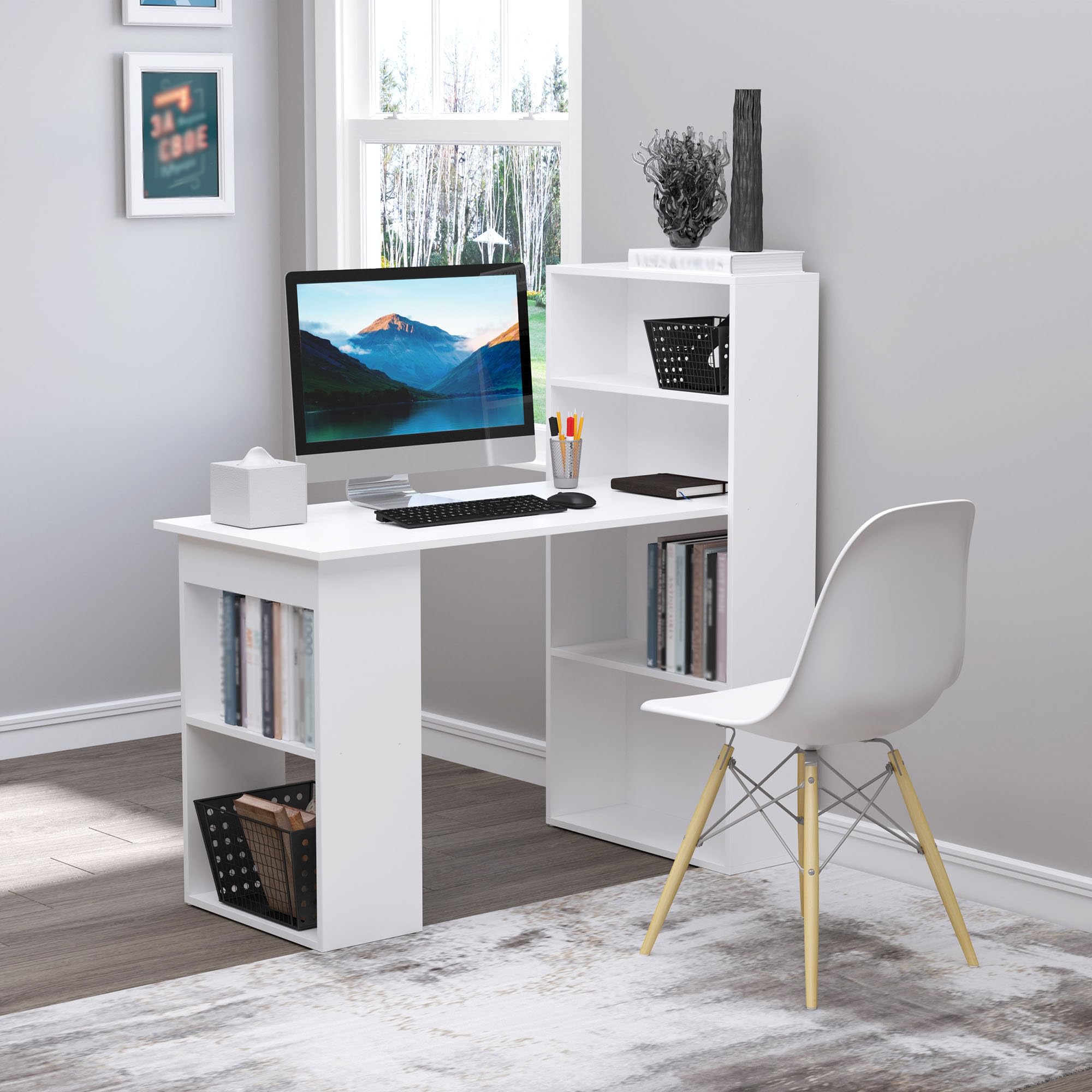 Modern Home Office Desk with 6-Tier Storage Shelves, 47" Writing Desk with Bookshelf, White