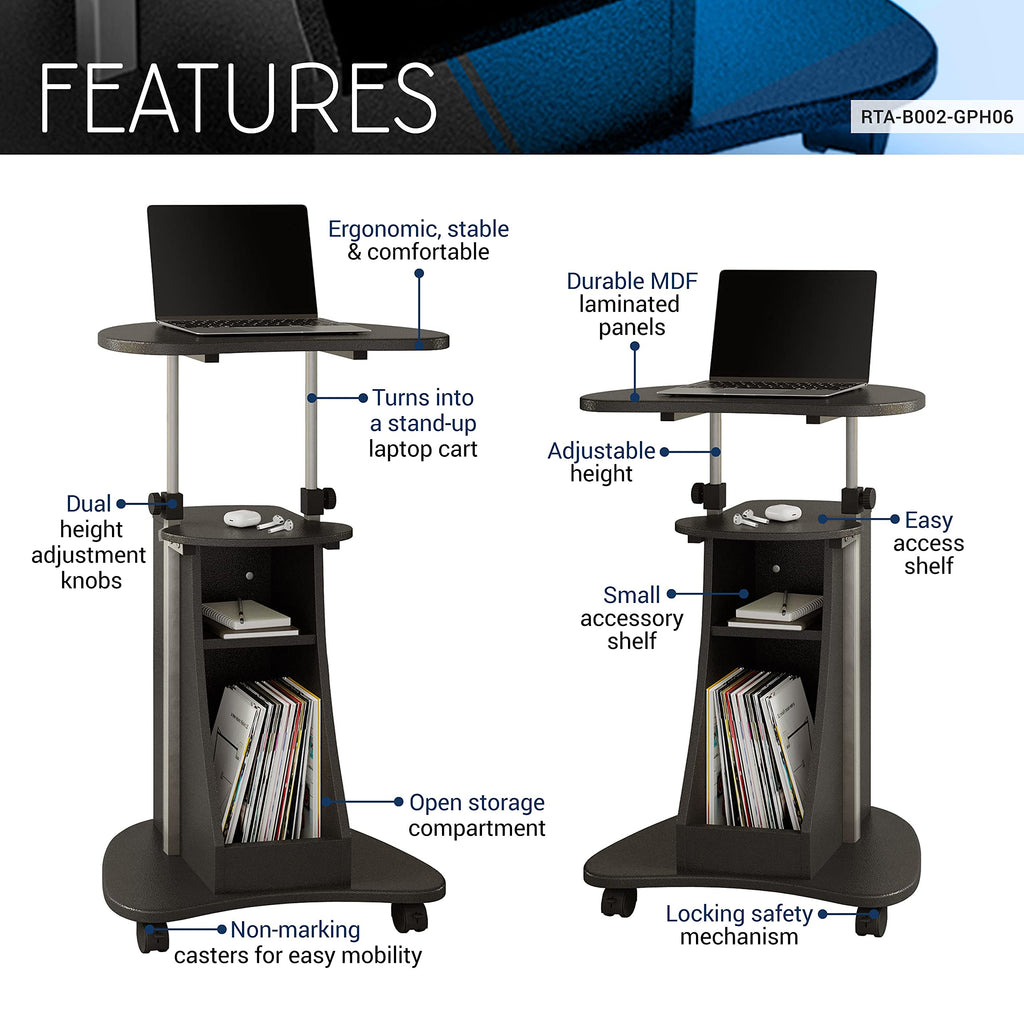 Sit-to-Stand Rolling Adjustable Height Laptop Cart with Storage, Graphite, 22 x 16 x 46