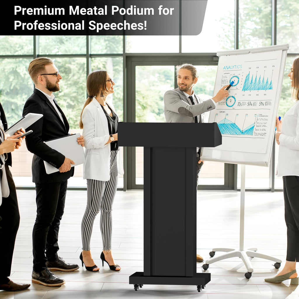 Podium Stand with Wheels for Lectern Presentation, Heavy-Duty Metal Pulpits for Offices, Classrooms, Conferences and Churches, Scratch-Resistant Surface, Hidden 2-Tier Storage, 46.5”H Black