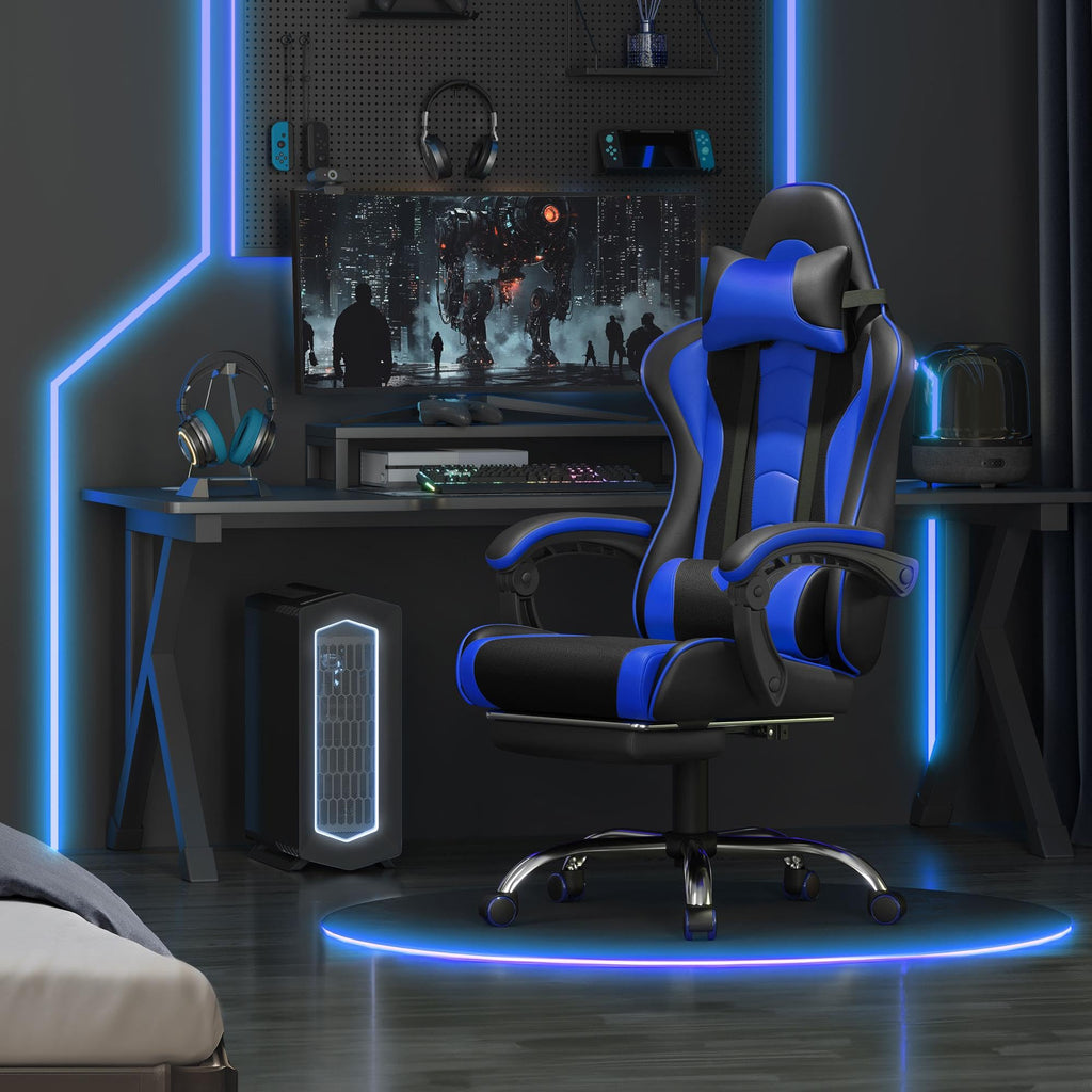 Gaming Chair, Video Game Chair with Massage Lumbar Support and Footrest Height Adjustable Ergonomic Computer Chair with Swivel Seat and Headrest Black/Blue