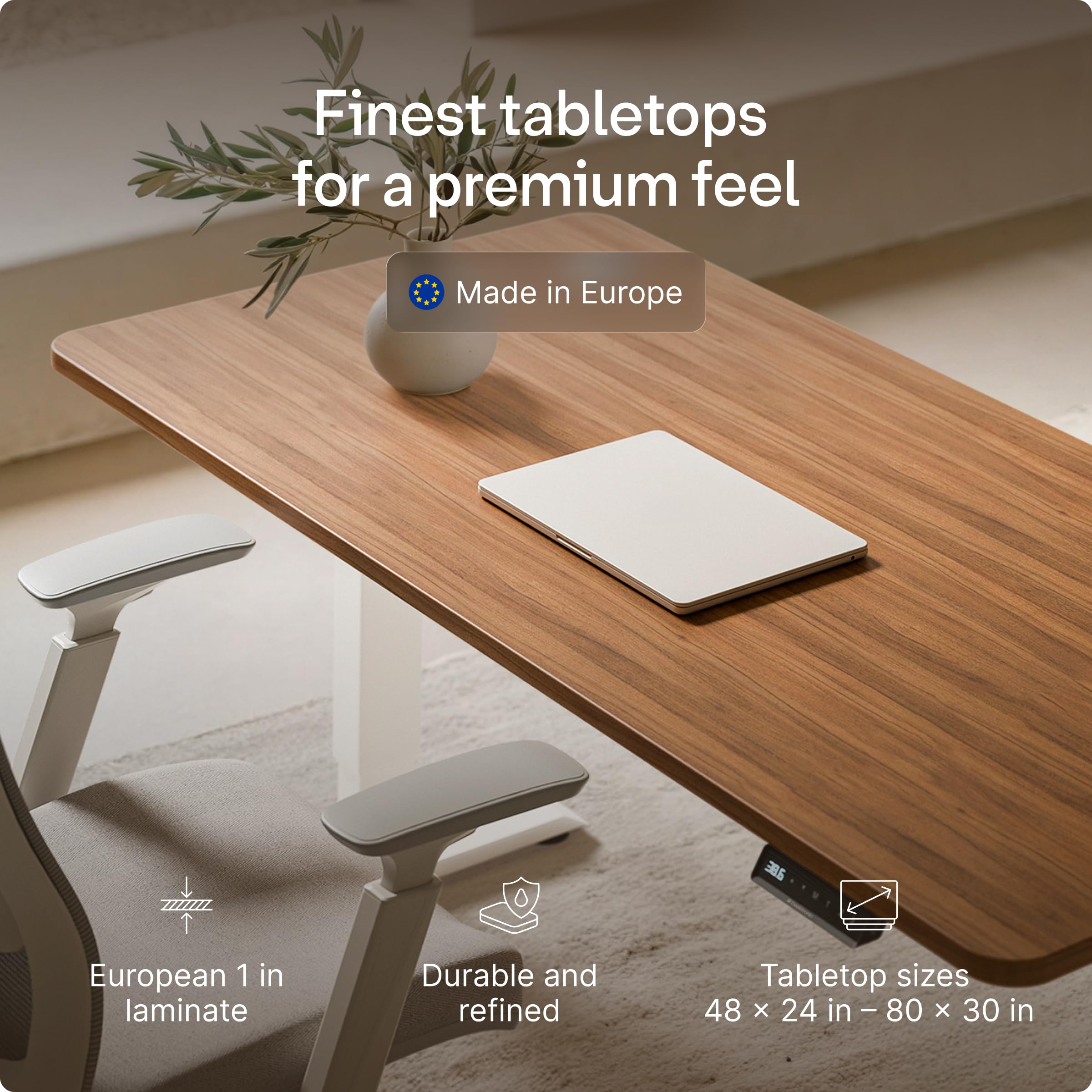 HomePro Standing Desk 70x30 — Made in Europe, Ergonomic Sit Stand Home Office Desk, Electric Height Adjustable, Dual Motor, USB & USB-C Charging, Wobble-Free, Touchscreen, 3 Memory Presets
