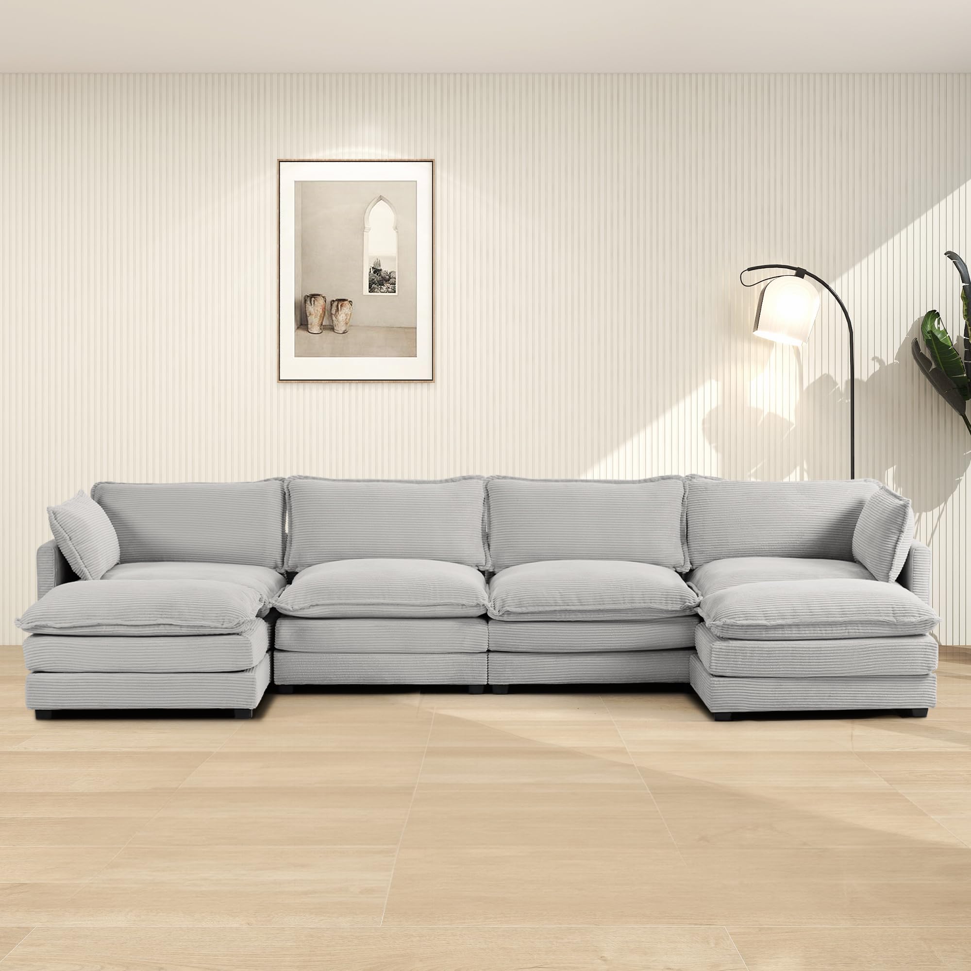 148'' Sectional Cloud Couch with 2 Ottomans, Oversized 4 Seat Sleeper Sofa with 2 Throw Pillows, Convertible Upholstered U Shaped Cozy Sofa Furniture Set for Living Room and Office, Light Grey