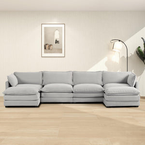148'' Sectional Cloud Couch with 2 Ottomans, Oversized 4 Seat Sleeper Sofa with 2 Throw Pillows, Convertible Upholstered U Shaped Cozy Sofa Furniture Set for Living Room and Office, Light Grey