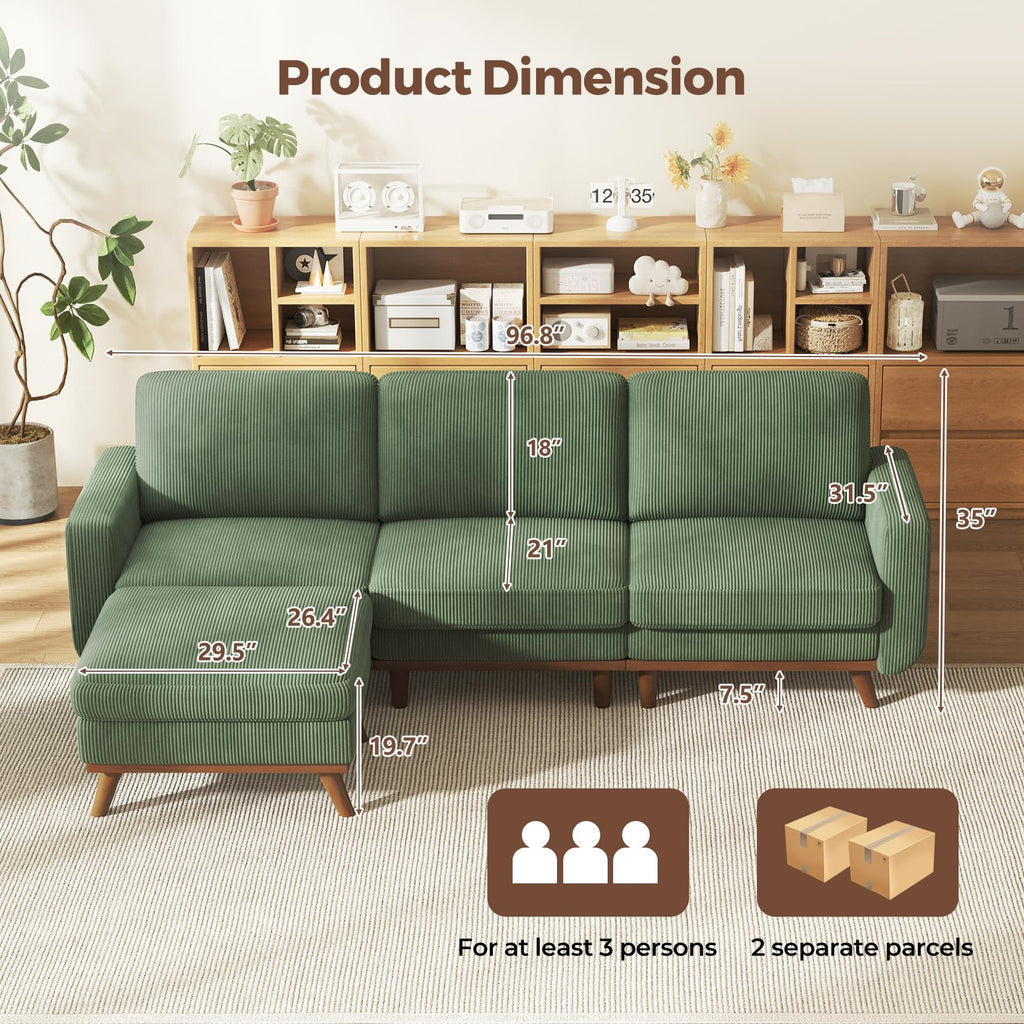 97" L-Shape Modular Sofa, 3-Seat Corduroy Couch with Movable Ottoman, Sectional Sofa for Living Room, Green