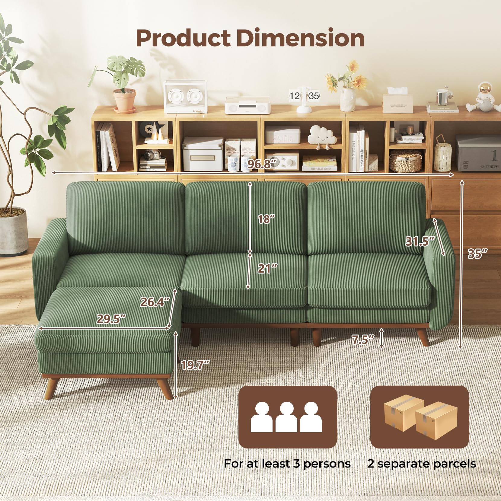 97" L-Shape Modular Sofa, 3-Seat Corduroy Couch with Movable Ottoman, Sectional Sofa for Living Room, Green