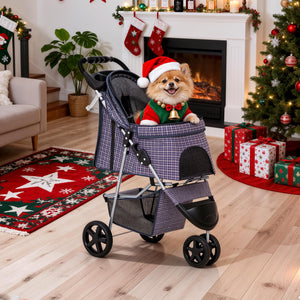 3 Wheels Pet Dog Cat Stroller for Small Medium Dogs Cats, Lightweight Foldable Jogger Stroller w/Storage Basket and Cup Holder, Plaid