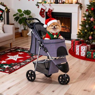 3 Wheels Pet Dog Cat Stroller for Small Medium Dogs Cats, Lightweight Foldable Jogger Stroller w/Storage Basket and Cup Holder, Plaid