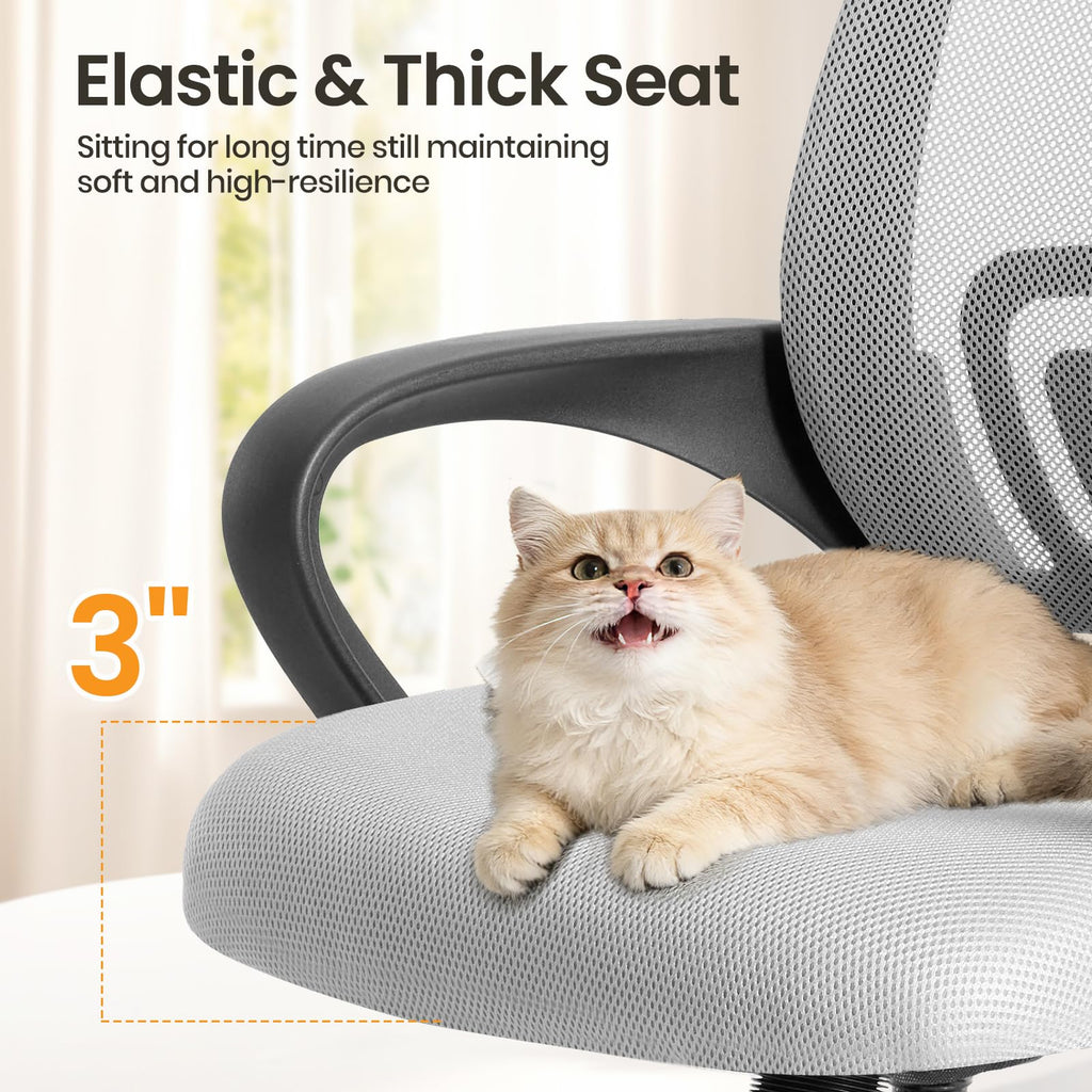 Office Desk Chair - Ergonomic Mid Back with Lumbar Support & Rocking Mode, Height Adjustable with Fixed Armrest, Storage Back for Computer, Gaming, Conference, Meeting Room, 360° Swivel, Grey