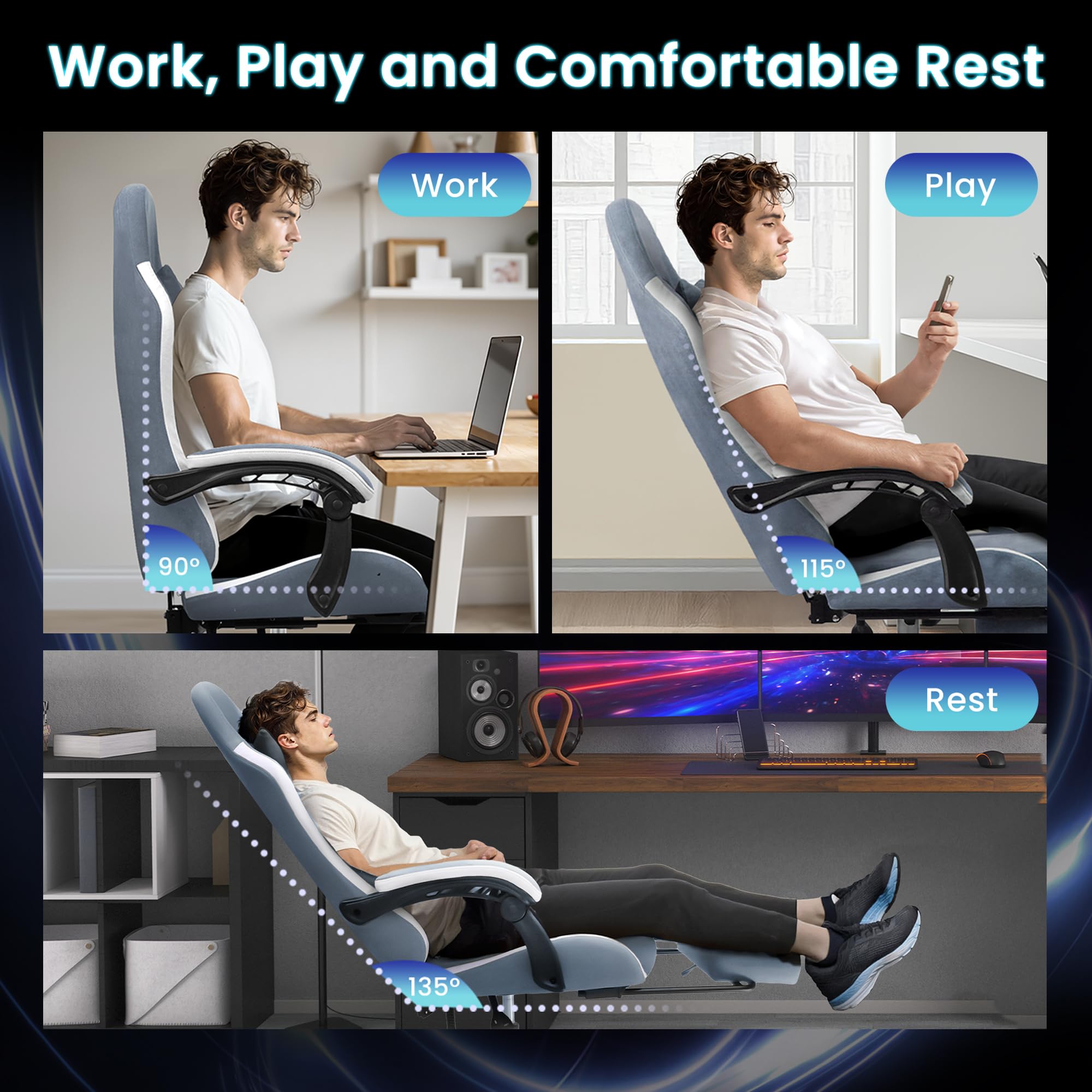 Video Gaming Chair with Footrest Lumbar Support for Home Office High Back Recliner Height Adjustable Ergonomic Comfy Fabric Computer Desk Chair (Blue)