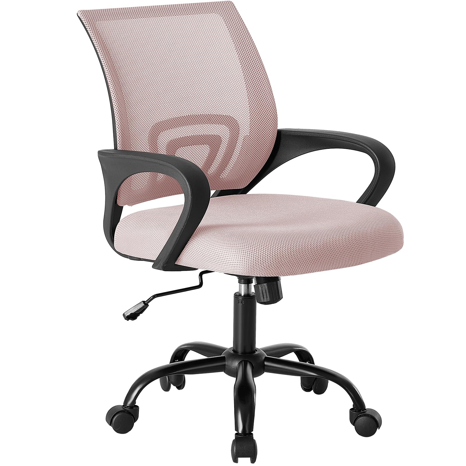 Office Desk Chair - Ergonomic Mid Back with Lumbar Support & Rocking Mode, Height Adjustable with Fixed Armrest, Storage Back for Computer, Gaming, Conference, Meeting Room, 360° Swivel, Pink