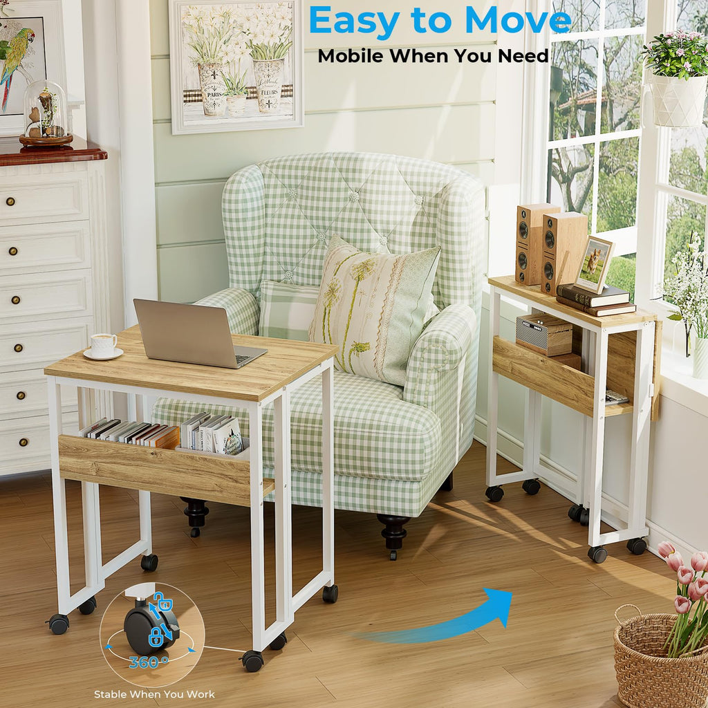 Folding Desk with Wheels, 24.8 Inch Compact Rolling Computer Table with Storage Shelf, Portable Mobile Workstation for Small Spaces, Easy Assembly, Oak