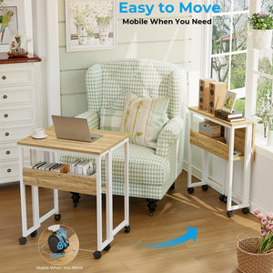 Folding Desk with Wheels, 24.8 Inch Compact Rolling Computer Table with Storage Shelf, Portable Mobile Workstation for Small Spaces, Easy Assembly, Oak