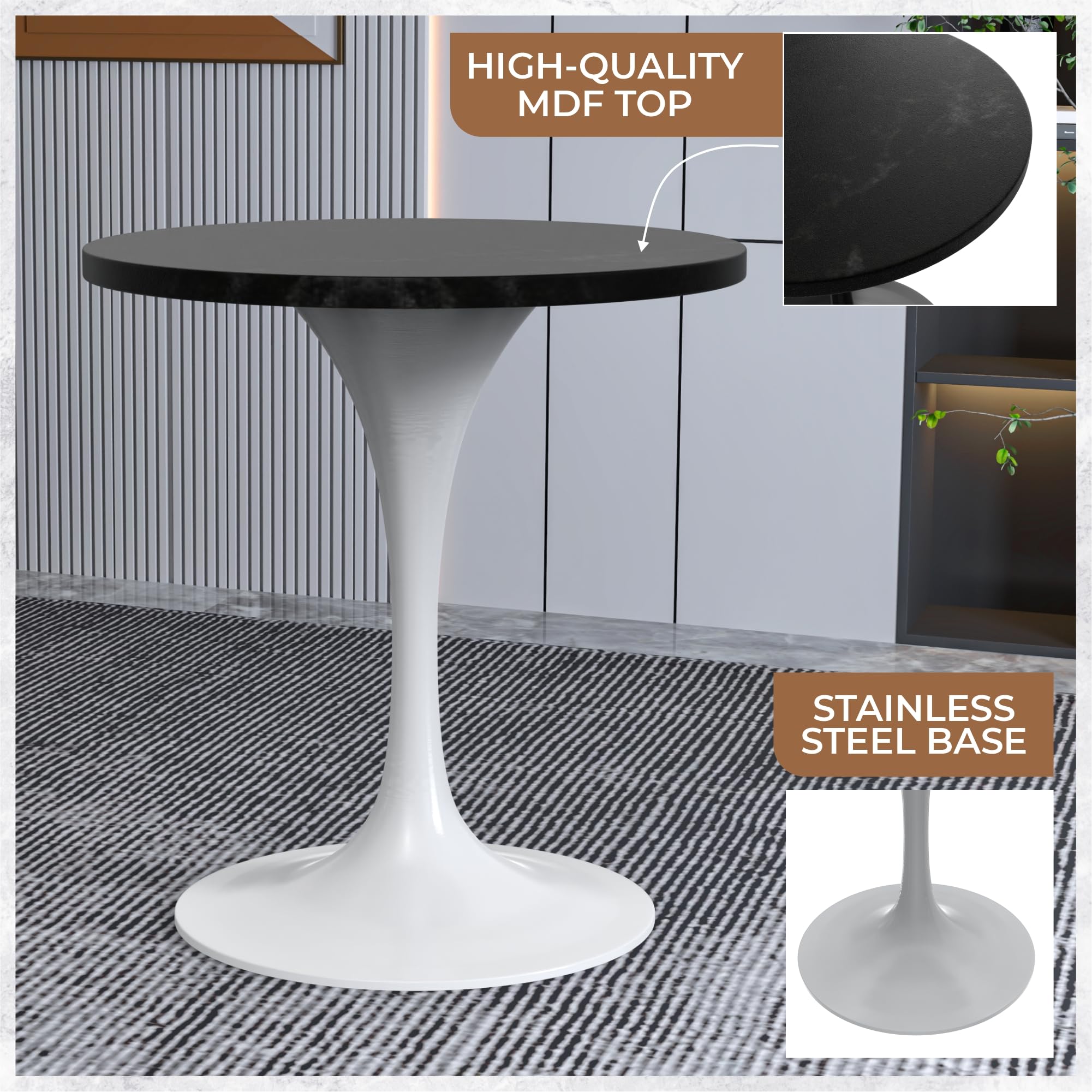Mid-Century Modern 27 Inch Round Dining Table, MDF Wood Tabletop with White Steel Pedestal Base, Contemporary Kitchen & Dining Room Table, Small Space Breakfast Table, Black