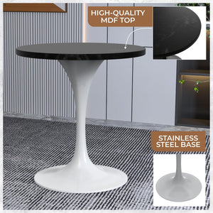Mid-Century Modern 27 Inch Round Dining Table, MDF Wood Tabletop with White Steel Pedestal Base, Contemporary Kitchen & Dining Room Table, Small Space Breakfast Table, Black