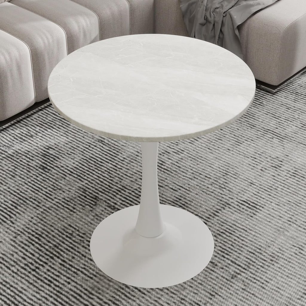 27.6" Marble Round Tulip Table, Mid-Century Modern Style Dining Table with White Pedestal Base for 2-4 People, Featuring A Marble Tabletop for Kitchen, Dining Room, Cafe (Grayish White)